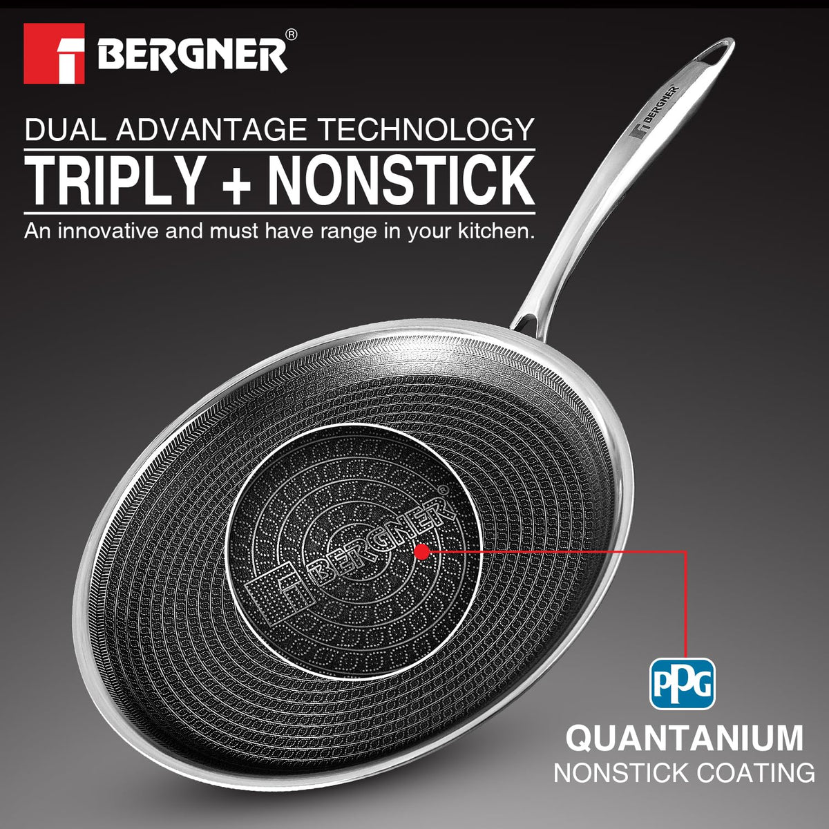 BERGNER Hi-Tech Giro Triply Stainless Steel 30cm Dosa Tawa, Honeycomb Mesh Non-Stick Coating, PFOA Free, Even Heat Distribution, Sturdy and Durable Stay Cool Handle - Induction and Gas Stove Ready