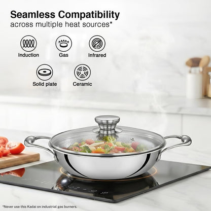 Prestige 24cm/2.7L Tri-Ply Stainless Steel Hexamagic Kadai with Lid| Honeycomb Structure|Durability of Triply|Metal Spoon Friendly| Gas & Induction Compatible|Dishwasher Safe|Low Oil Consumption|Grey