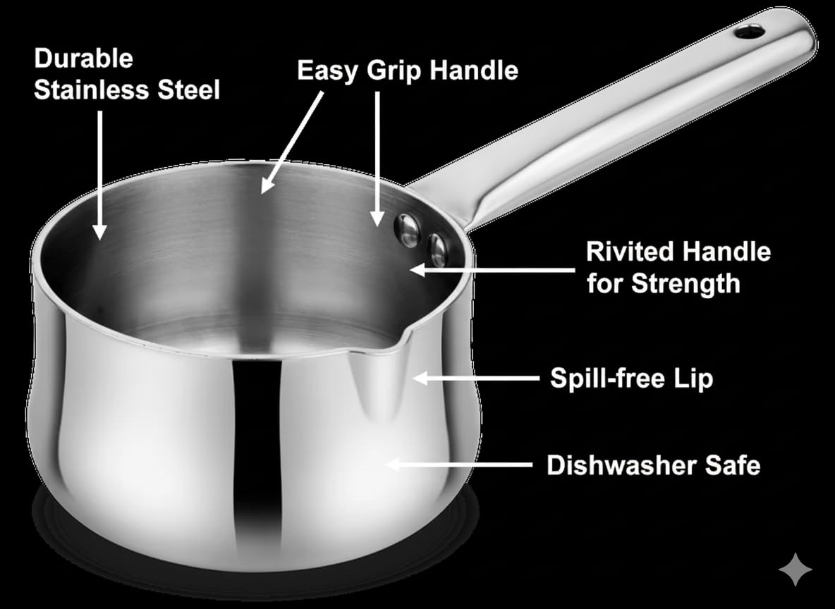 Prabha Elante Stainless Steel Curve Saucepan with Spill-Free Lip, Easy Grip, Durable & Rust-Resistant, Dishwasher Safe, Perfect for Boiling Milk, Tea, Coffee, Sauces & Everyday Cooking 14 Cm- 1.2 LTR