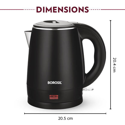 Borosil 1.2L 1350W Cooltouch Multipurpose Electric Kettle | Auto Shut off | Wide Mouth | 304 Food Grade Stainless Steel with Double Wall Cooltouch Exterior | 2 year Warranty | Black