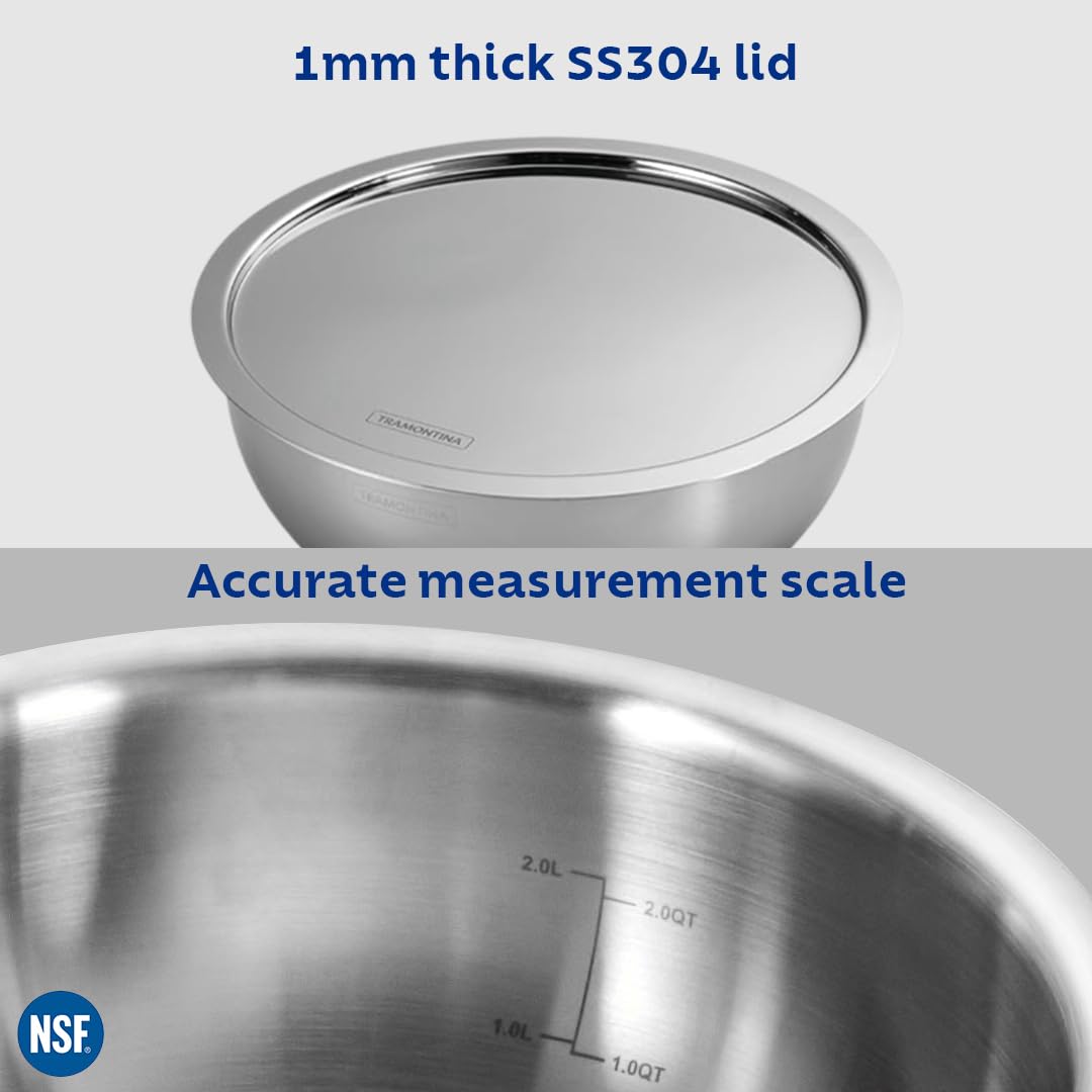 Tramontina AEION Triply 26cm / 4.7L Stainless Steel Tasla with Lid | Kitchen Serving Bowl with Measurement Scale | Gas/Induction Compatible Cookware | Salad Bowl | NSF Certified | 10 Year Warranty