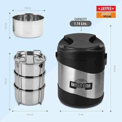 JAYPEE Lunchline Pro Stainless Steel 3 Container (380mlx3) Office Lunch Box 1140 ml with Steel Dish & Pu Insulated Washable Bag Spillproof Lunch Box for Man & Women with Carry Handle Tiffin Box,Black