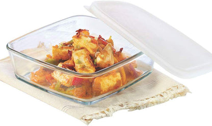 Borosil Baking & Serving Square Shape Dish with White Lid | Borosilicate Glass Bakeware and Serveware Tray | Microwave, Oven & Dishwasher Safe Bowl | Transparent (1.6 L)