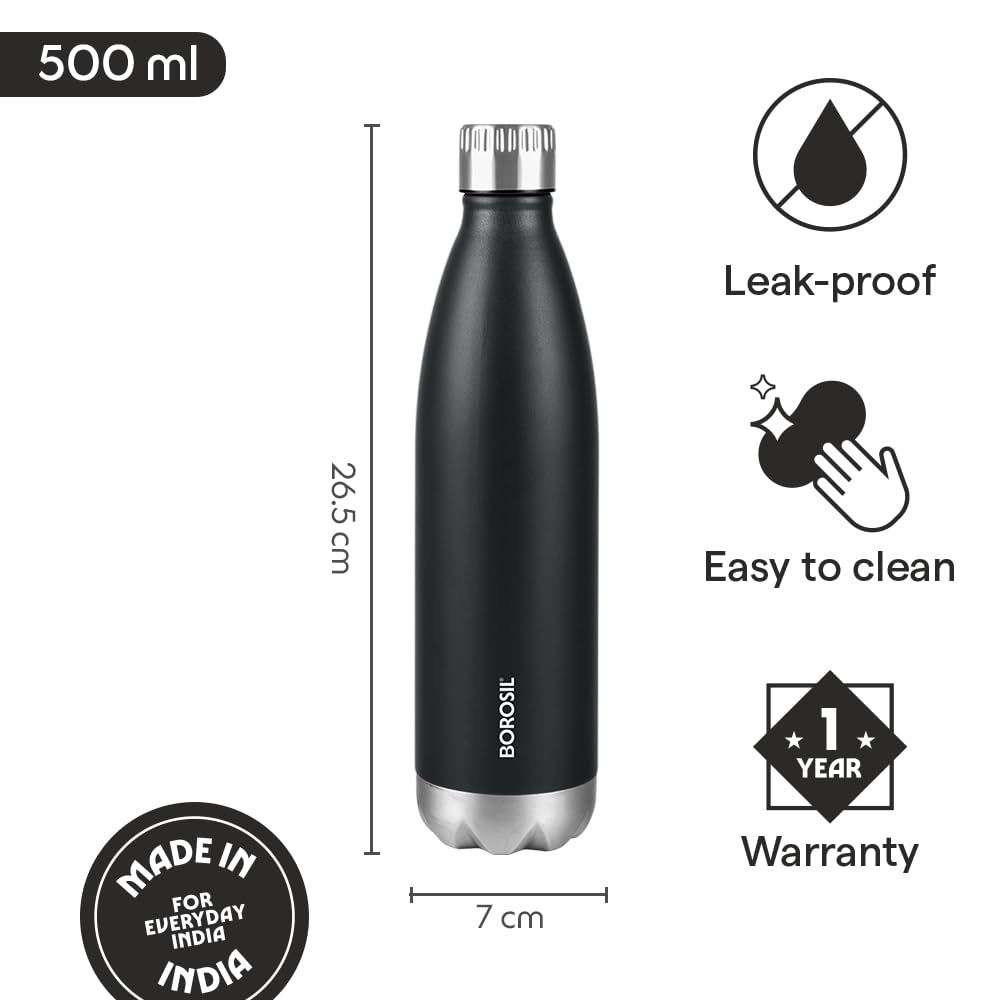 Borosil 500 ml Hydra Bolt Matte Black Stainless Steel Water Bottle | Double Wall Vacuum Insulated Flask | 24 Hours Hot and Cold | Bottle for Office, Gym, School | 1 Year Warranty