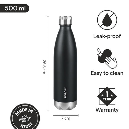 Borosil 500 ml Hydra Bolt Matte Black Stainless Steel Water Bottle | Double Wall Vacuum Insulated Flask | 24 Hours Hot and Cold | Bottle for Office, Gym, School | 1 Year Warranty