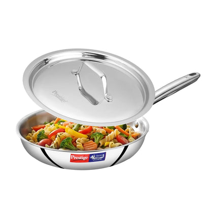 Prestige 22cm/1.2L Tri-Ply Stainless Steel Splendid Fry Pan with Lid|Gas and Induction Compatible|Even Heat Distribution| Thick Gauge Tri-Ply Body|15 Year Warranty