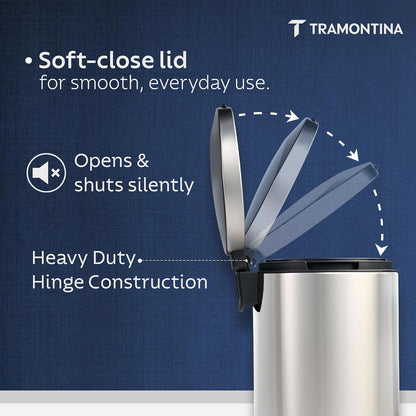 TRAMONTINA 9 Litre Stainless Steel Step Dustbin | Fingerprint-Resistant Finish | Soft-Close Lid | Removable Inner Bucket | Round Trash Can for Home, Office & Hospitality