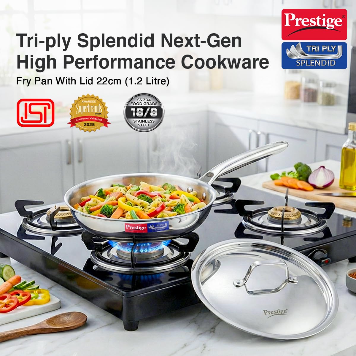 Prestige 22cm/1.2L Tri-Ply Stainless Steel Splendid Fry Pan with Lid|Gas and Induction Compatible|Even Heat Distribution| Thick Gauge Tri-Ply Body|15 Year Warranty