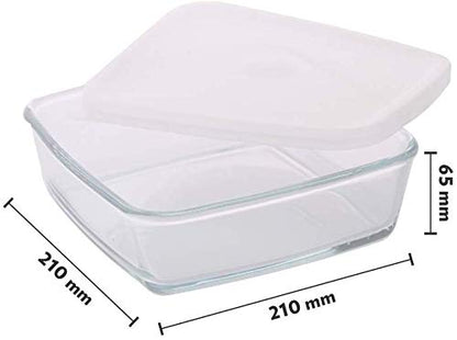Borosil Baking & Serving Square Shape Dish with White Lid | Borosilicate Glass Bakeware and Serveware Tray | Microwave, Oven & Dishwasher Safe Bowl | Transparent (1.6 L)