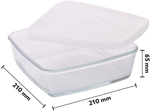 Borosil Baking & Serving Square Shape Dish with White Lid | Borosilicate Glass Bakeware and Serveware Tray | Microwave, Oven & Dishwasher Safe Bowl | Transparent (1.6 L)