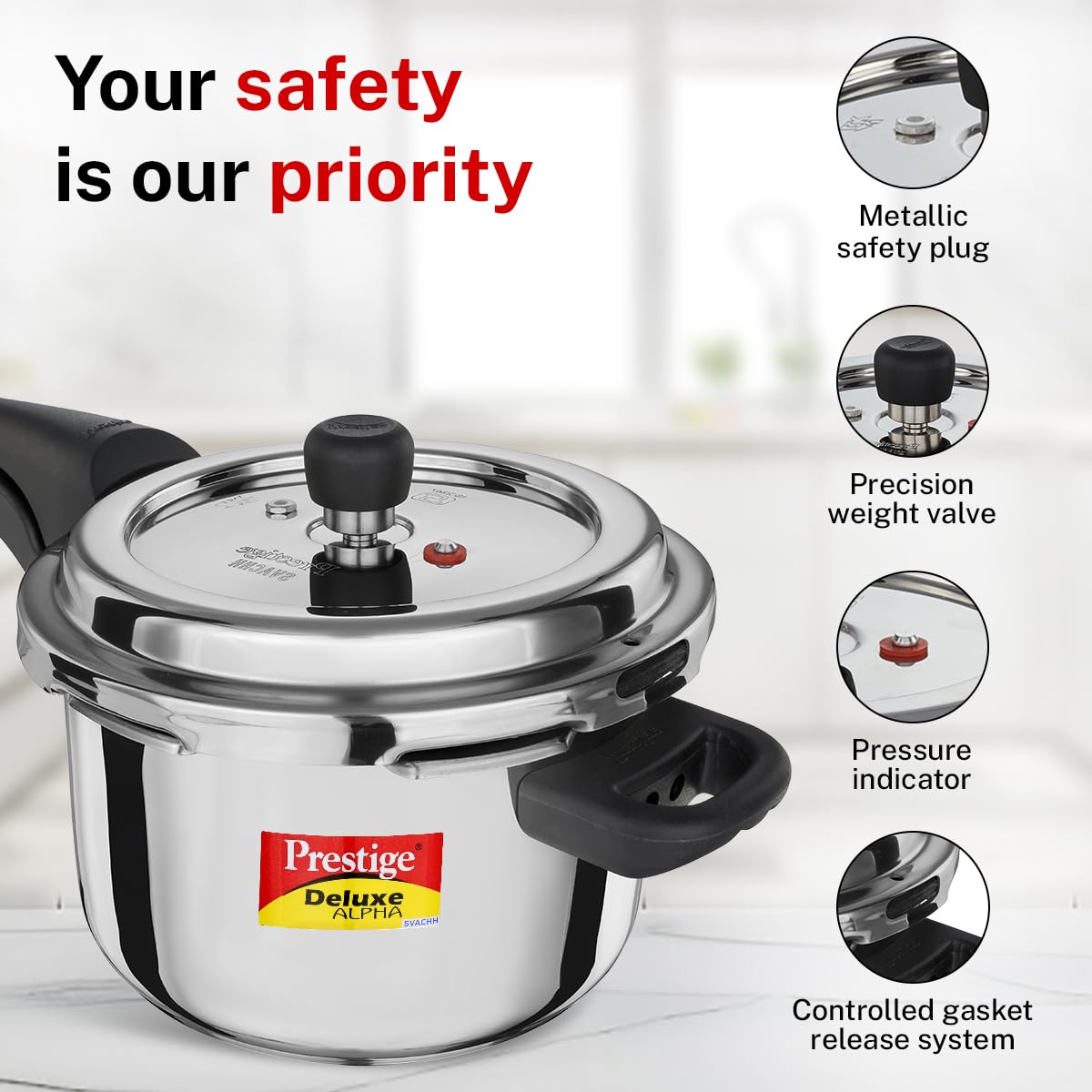 Prestige 4 Litre Stainless Steel Deluxe Alpha Svachh Outerlid Pressure Cooker |Deep lid for spillage control|10 years warranty|Gas & Induction compatible|Gasket release system|ISI Certified