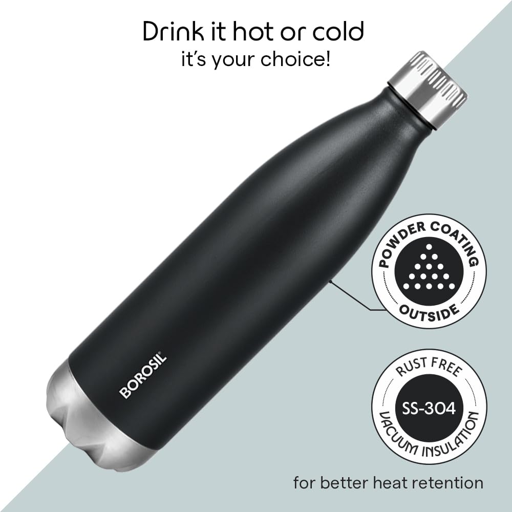 Borosil 500 ml Hydra Bolt Matte Black Stainless Steel Water Bottle | Double Wall Vacuum Insulated Flask | 24 Hours Hot and Cold | Bottle for Office, Gym, School | 1 Year Warranty