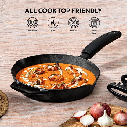 TRAMONTINA Titanex 24cm Cast Iron Fry Pan – Pre-Seasoned Skillet with Pour Spouts | Saute, Stir-Fry, Deep Fry, Sear & Bake | Gas & Induction Compatible | Natural Stone Finish
