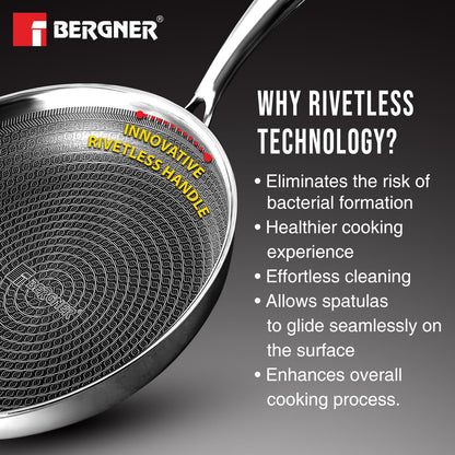 BERGNER Hi-Tech Giro Triply Stainless Steel 28cm Frypan, Honeycomb Mesh Non-Stick Coating, PFOA Free, Consumes Less Oil, Healthy Cooking, Even Heat Distribution - Induction and Gas Stove Ready