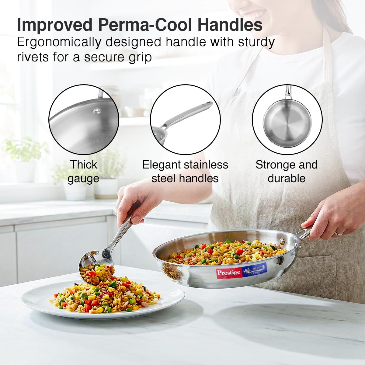 Prestige 22cm/1.2L Tri-Ply Stainless Steel Splendid Fry Pan with Lid|Gas and Induction Compatible|Even Heat Distribution| Thick Gauge Tri-Ply Body|15 Year Warranty