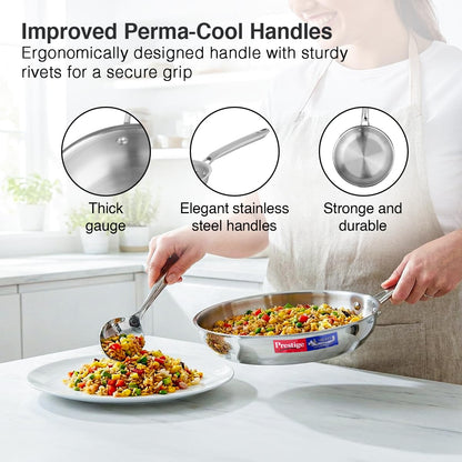 Prestige 22cm/1.2L Tri-Ply Stainless Steel Splendid Fry Pan with Lid|Gas and Induction Compatible|Even Heat Distribution| Thick Gauge Tri-Ply Body|15 Year Warranty