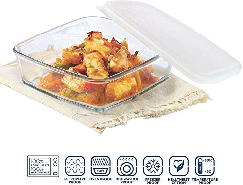 Borosil Baking & Serving Square Shape Dish with White Lid | Borosilicate Glass Bakeware and Serveware Tray | Microwave, Oven & Dishwasher Safe Bowl | Transparent (1.6 L)