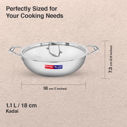 Prestige 18cm/1.2L Tri-Ply Stainless Steel Splendid Kadai with Lid|Gas and Induction Compatible|Even Heat Distribution| Thick Gauge Tri-Ply Body| Perma Cool Handles|15 Year Warranty