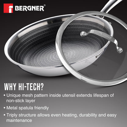 BERGNER Hi-Tech Giro Triply Stainless Steel 28cm Frypan, Honeycomb Mesh Non-Stick Coating, PFOA Free, Consumes Less Oil, Healthy Cooking, Even Heat Distribution - Induction and Gas Stove Ready