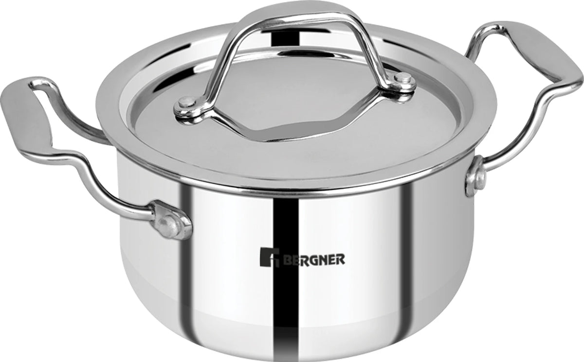 BERGNER Argent Triply Induction Bottom Mini Casserole Pot 16 cm diameter 1.6 L capacity with Lid (Triply, Induction Bottom)