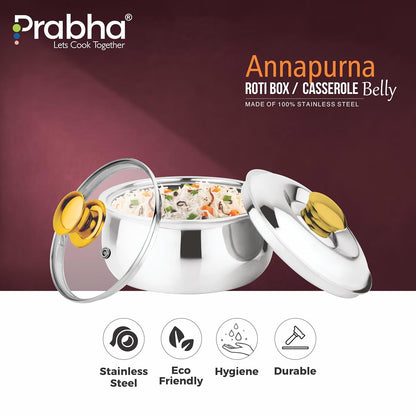 Prabha Casserole With Lid 2200ML | Stainless Steel Casserole for Cooking | Harmony Hot Case Hot Pot, Food Grade | Hotcase Roti, Rice-Gravy-Curry, Silver Hot Box | Belly