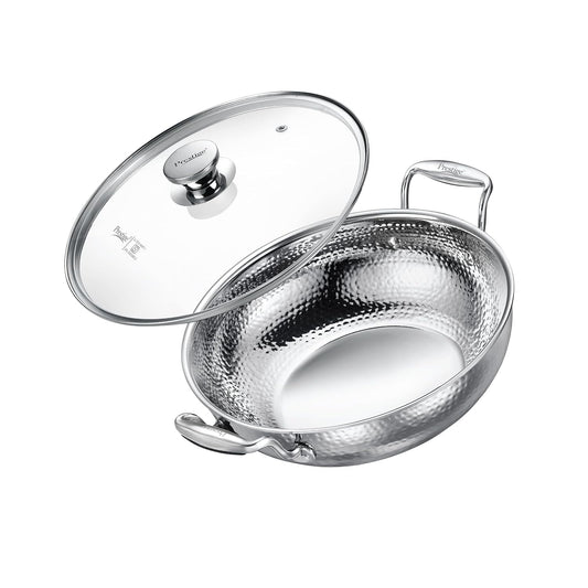 Prestige Tri Ply Hammered Stainless Steel Kadai Dia 20 cm / 1.6 L with Glass Lid