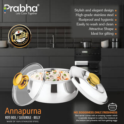 Prabha Casserole With Lid 2200ML | Stainless Steel Casserole for Cooking | Harmony Hot Case Hot Pot, Food Grade | Hotcase Roti, Rice-Gravy-Curry, Silver Hot Box | Belly