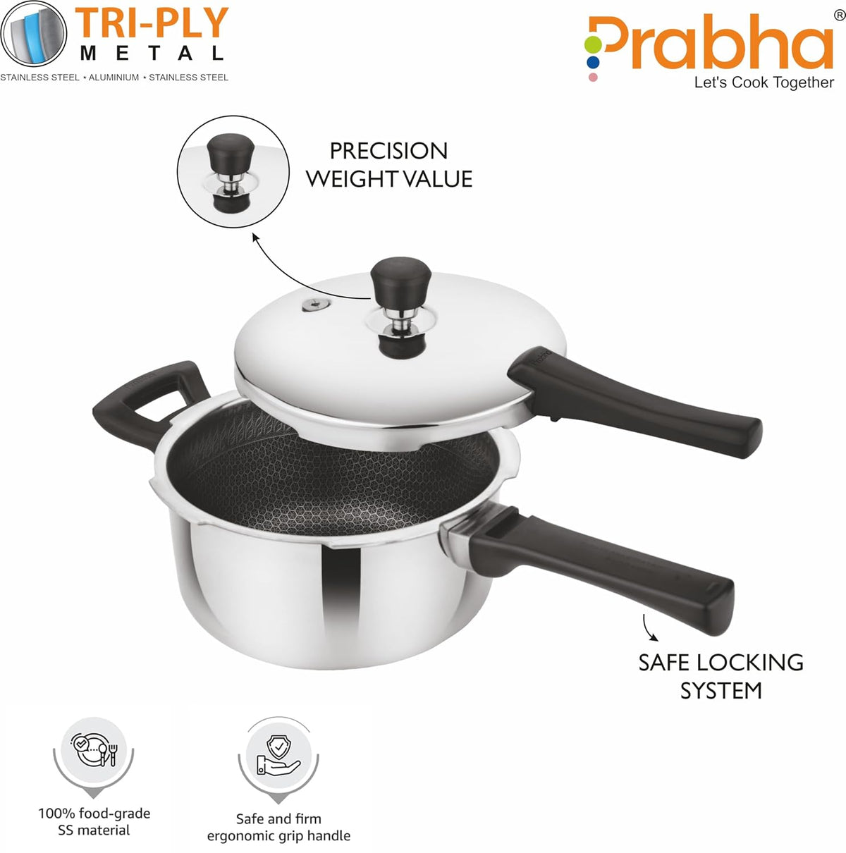 Prabha Stainless Steel Pressure Cooker 6 Ltr |Tri-Ply Hammered Hexacube Outer Lid Cookers |Home & Kitchen Cookware Pots & Pans |Non-Stick Induction Base & Gas Stovetop |ISI Certified 5 Years Warranty
