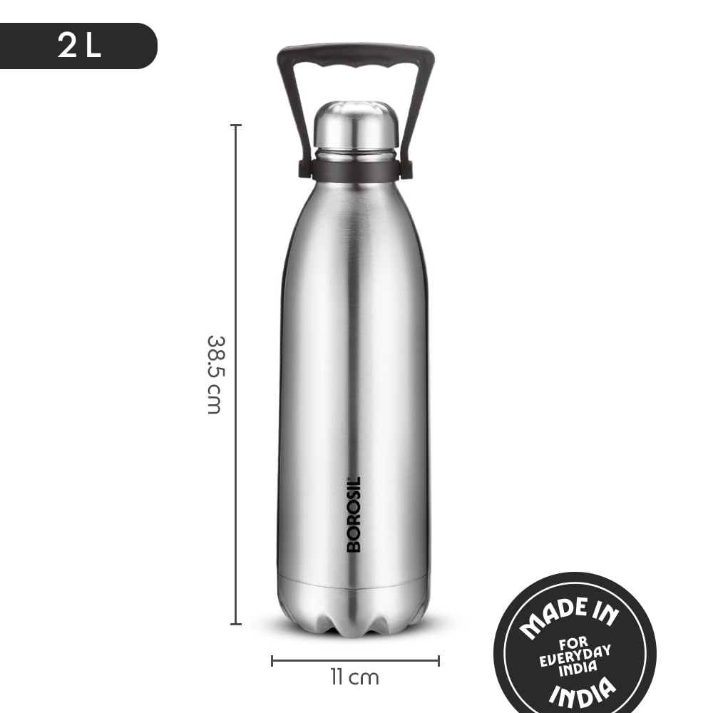 Borosil 2L Hydra Bolt Stainless Steel Water Bottle | Double Wall Vacuum Insulated Flask | 24 Hours Hot and Cold | Bottle for Office, Gym, School | 1 Year Warranty | Silver