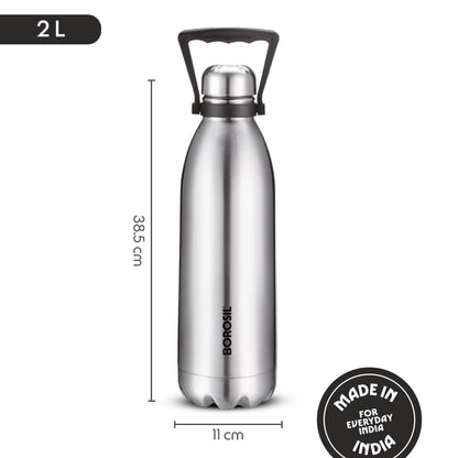 Borosil 2L Hydra Bolt Stainless Steel Water Bottle | Double Wall Vacuum Insulated Flask | 24 Hours Hot and Cold | Bottle for Office, Gym, School | 1 Year Warranty | Silver