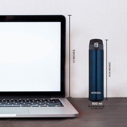 Borosil Hydra Nova 500 ml Stainless Steel Water Bottle | Double Wall Vacuum Insulated Flask | 16 Hours Hot and 18 Hours Cold | Bottle for Office, Gym, School, College | 1 Year Warranty | Blue