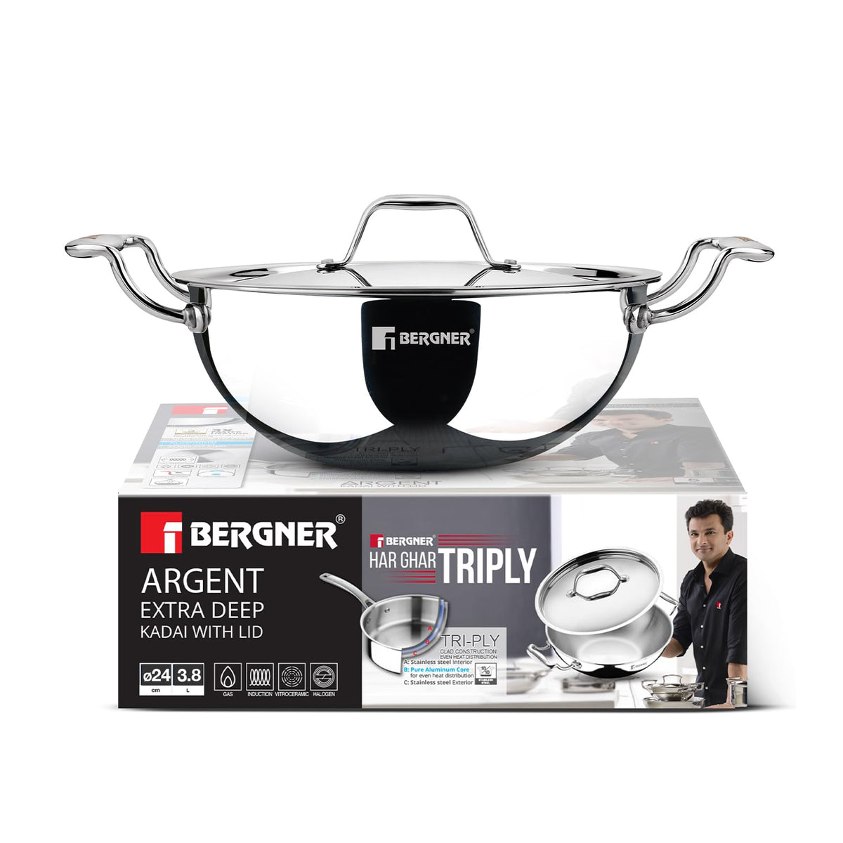 Bergner Argent 20 cm (2.3 Liters) Triply Deep Kadai with Stainless Steel Lid, Consumes Less Oil, Healthy Cooking, Sturdy Stay Cool Cast Handles, Even Heat Distribution - Induction and Gas Stove Ready