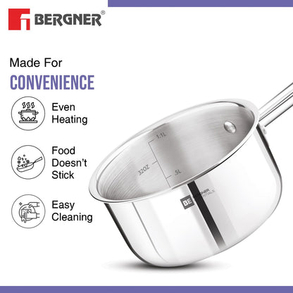 Bergner BE Essentials Triply Stainless Steel 14cm / 1.1 L Teapan, Small Size Milkpan, Saucepan with Rivetless Stay Cool Handle, Healthy Cooking, Faster Heating, Easy to Clean, Full Induction Bottom