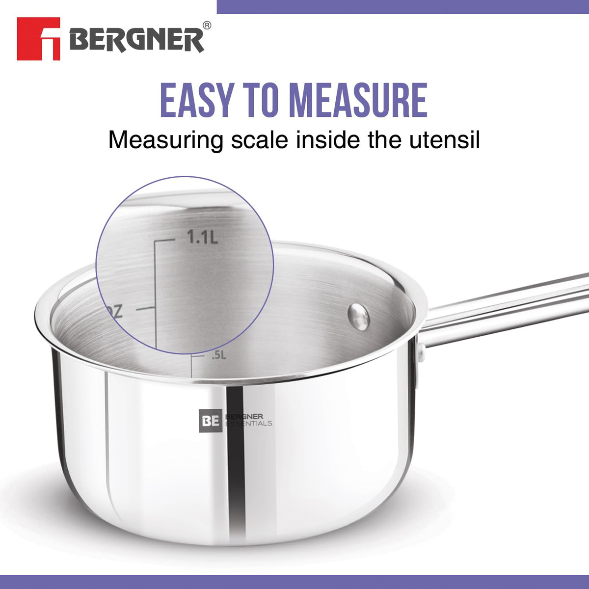 Bergner BE Essentials Triply Stainless Steel 14cm / 1.1 L Teapan, Small Size Milkpan, Saucepan with Rivetless Stay Cool Handle, Healthy Cooking, Faster Heating, Easy to Clean, Full Induction Bottom