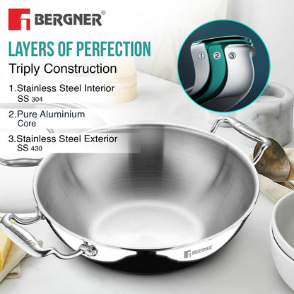 Bergner Argent 20 cm (2.3 Liters) Triply Deep Kadai with Stainless Steel Lid, Consumes Less Oil, Healthy Cooking, Sturdy Stay Cool Cast Handles, Even Heat Distribution - Induction and Gas Stove Ready