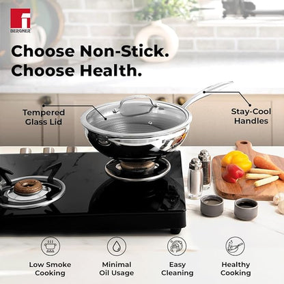Bergner Hi-Tech TriPly Stainless Steel 24cm (3.1 L) Wok with Glass Lid, Honeycomb Non-Stick Coating Chinese Kadai