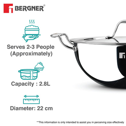 Bergner Argent 22cm (2.8 Liters) Triply Deep Kadai with Stainless Steel Lid, Consumes Less Oil, Healthy Cooking, Sturdy Stay Cool Cast Handles, Even Heat Distribution - Induction and Gas Stove Ready