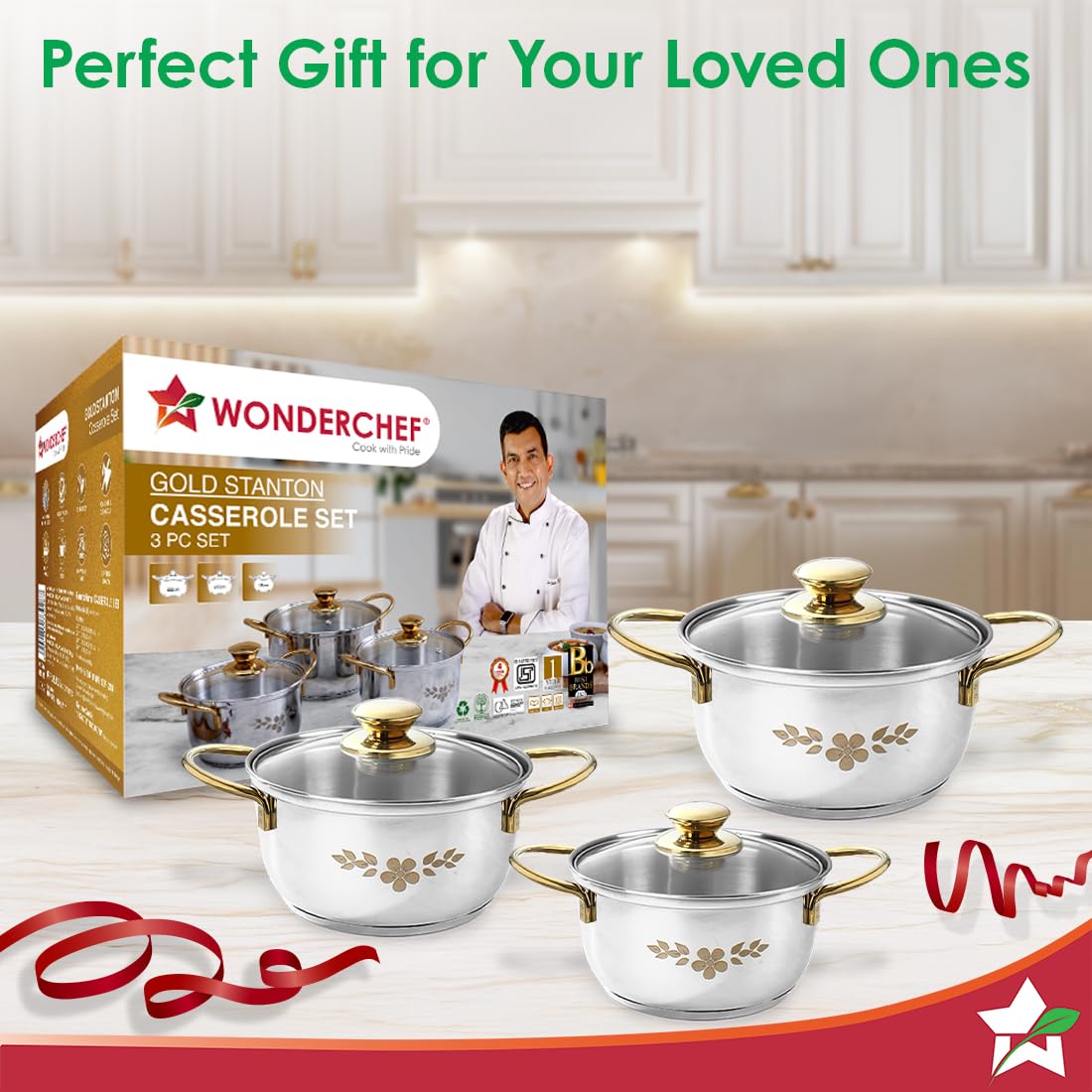Wonderchef Gold Stanton Stainless-Steel 3 Pc Casserole Set with Glass Lid