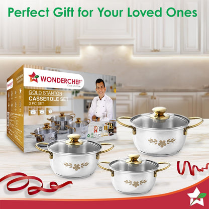 Wonderchef Gold Stanton Stainless-Steel 3 Pc Casserole Set with Glass Lid