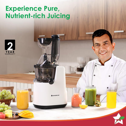 Wonderchef Regenta Full Fruit Juicer | Professional Cold Press | High Juice Yield | 240W | 55 RPM | Fine Strainer | All-in-1 Fruit & Vegetable Juicer | White | 2 Year Warranty