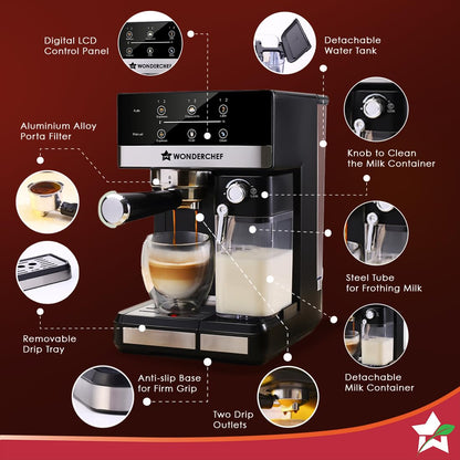 Wonderchef Regalia Automatic Coffee Maker, 20-bar with Auto-Frother, Make Espressos
