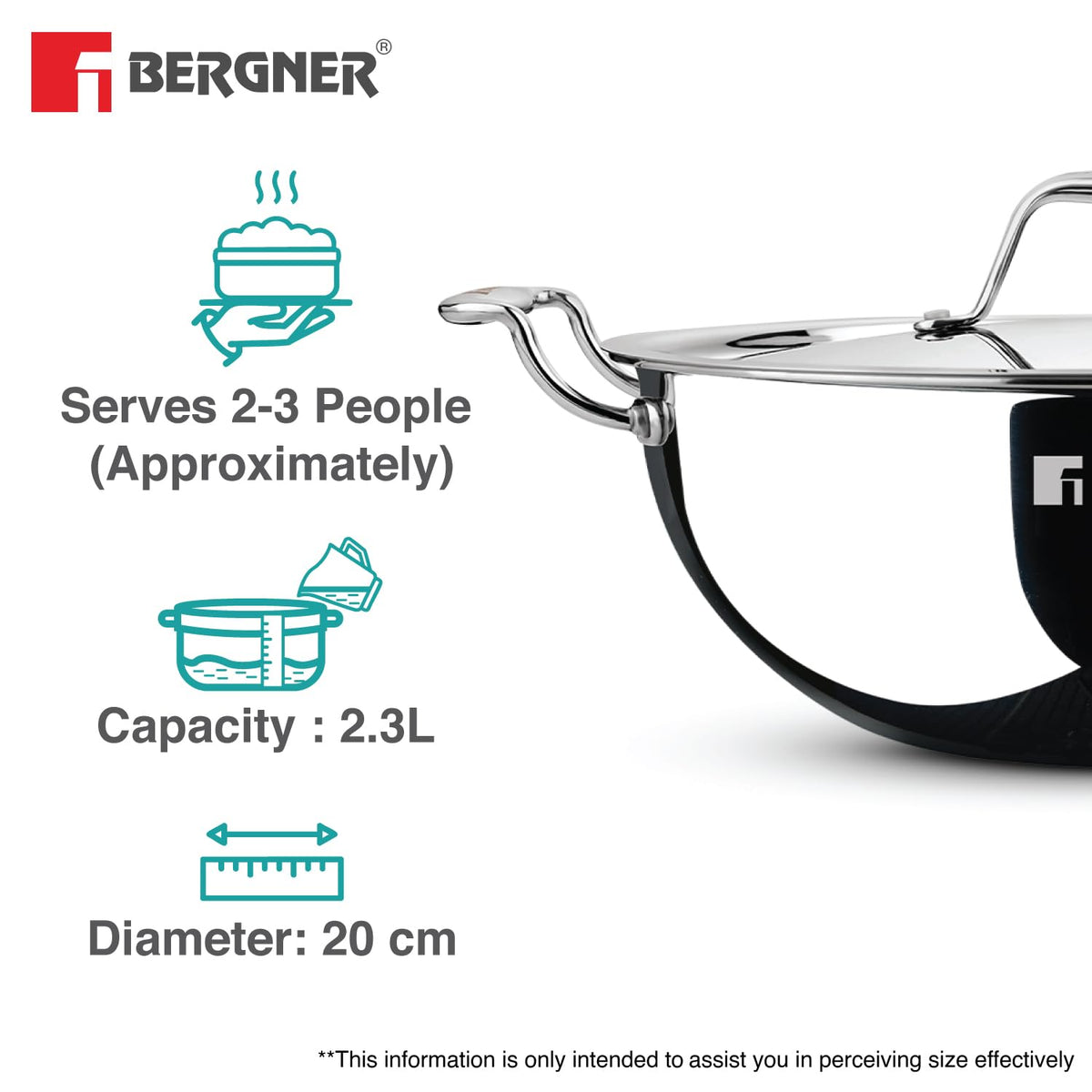 Bergner Argent 20 cm (2.3 Liters) Triply Deep Kadai with Stainless Steel Lid, Consumes Less Oil, Healthy Cooking, Sturdy Stay Cool Cast Handles, Even Heat Distribution - Induction and Gas Stove Ready