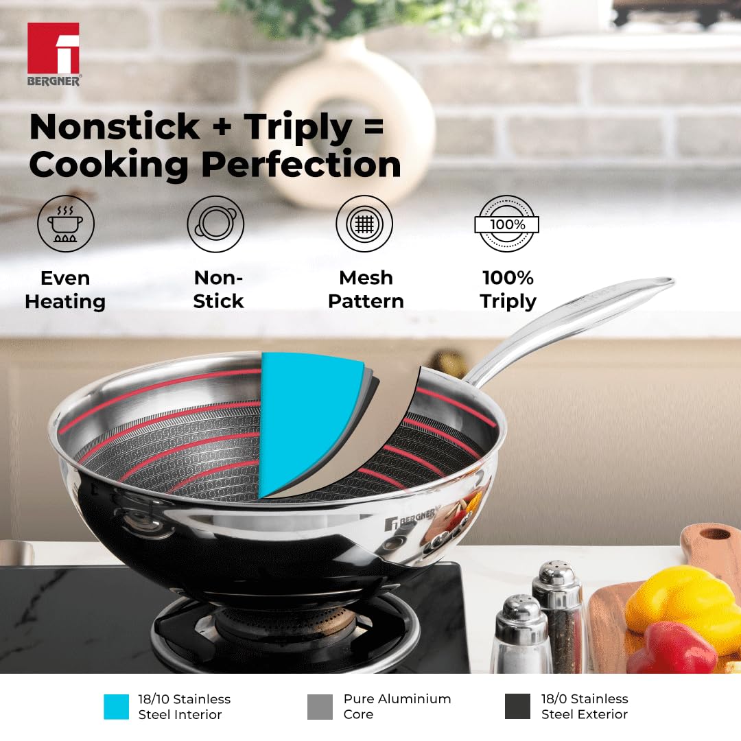 Bergner Hi-Tech TriPly Stainless Steel 24cm (3.1 L) Wok with Glass Lid, Honeycomb Non-Stick Coating Chinese Kadai