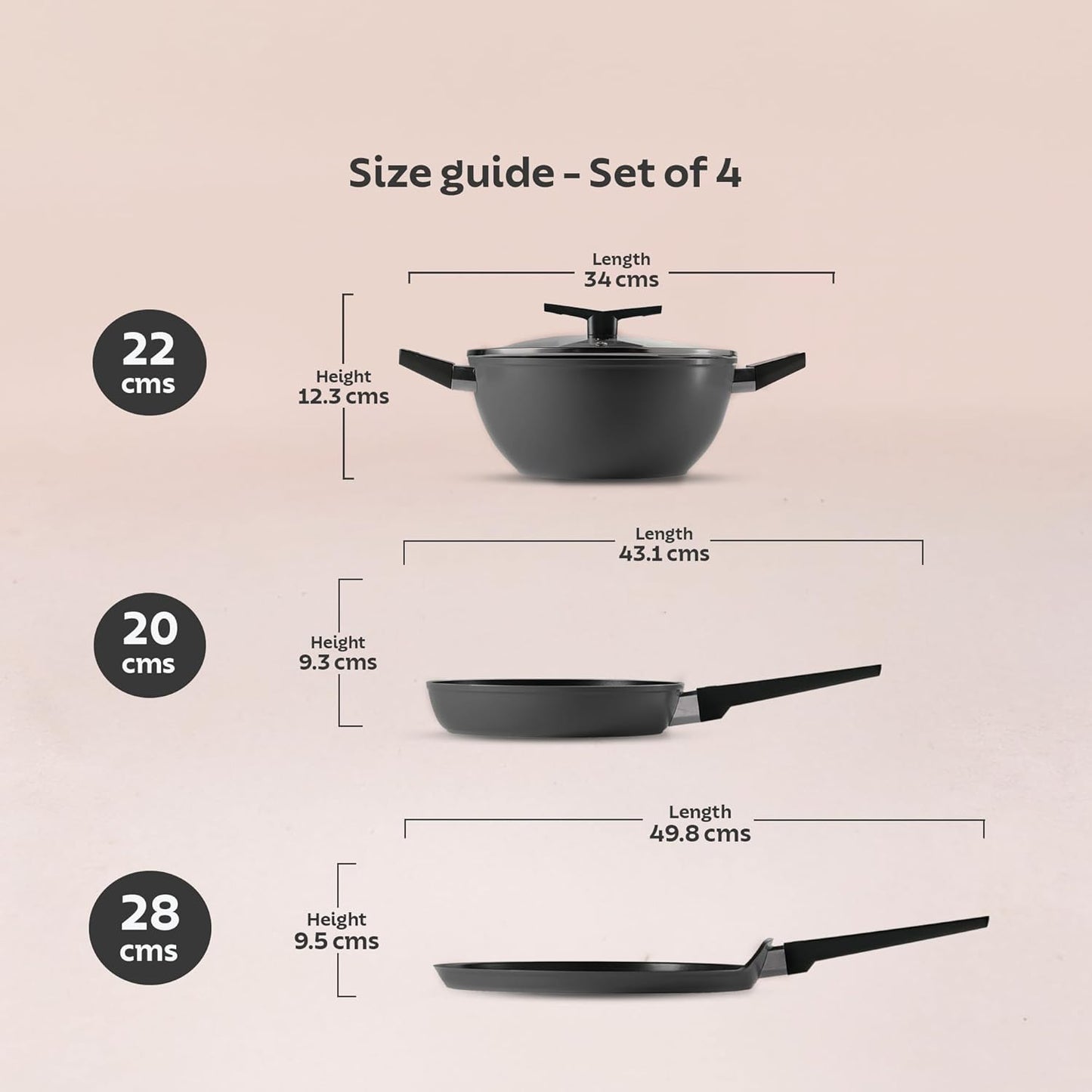 Tramontina Chroma Cookware Set of 4-Kadhai 22 cm with Lid, Fry Pan 20 cm, Dosa Tawa 28 cm