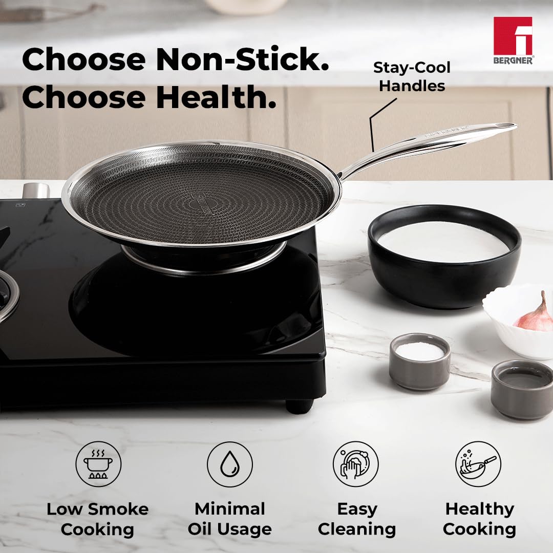 Bergner Hitech Prism TriPly Stainless Steel 30 cm Tawa, Non Stick Tawa for Roti/Dosa/Chapati, Induction Bottom and Gas Ready