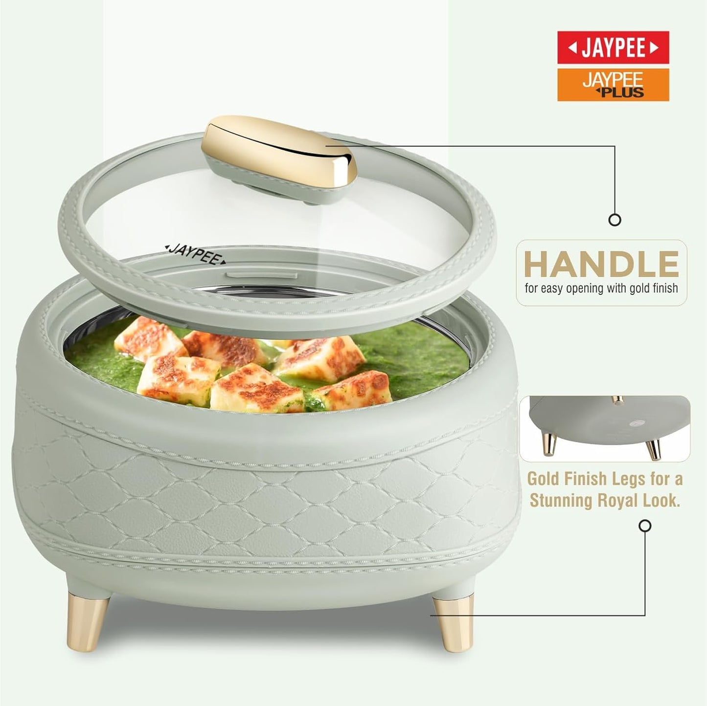 JAYPEE Kingston Klass Stitched Leather Luxurious Outer & Inner Stainless Steel Casserole Set of 3 with Glass Lid(1500+2000+2500) Green