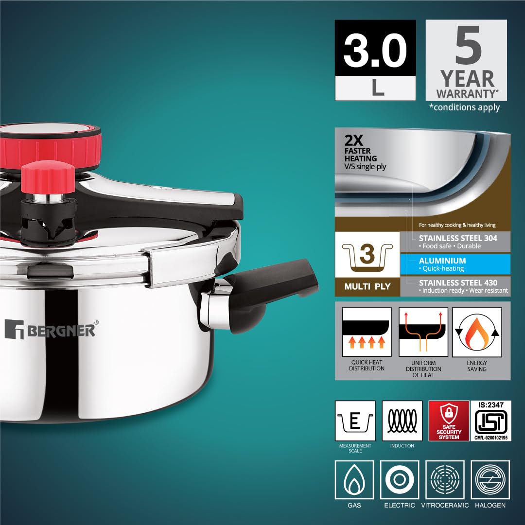 Bergner Capri 3 Litres Triply Pressure Cooker | Silver Steel Cooker