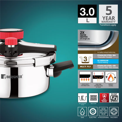 Bergner Capri 3 Litres Triply Pressure Cooker | Silver Steel Cooker