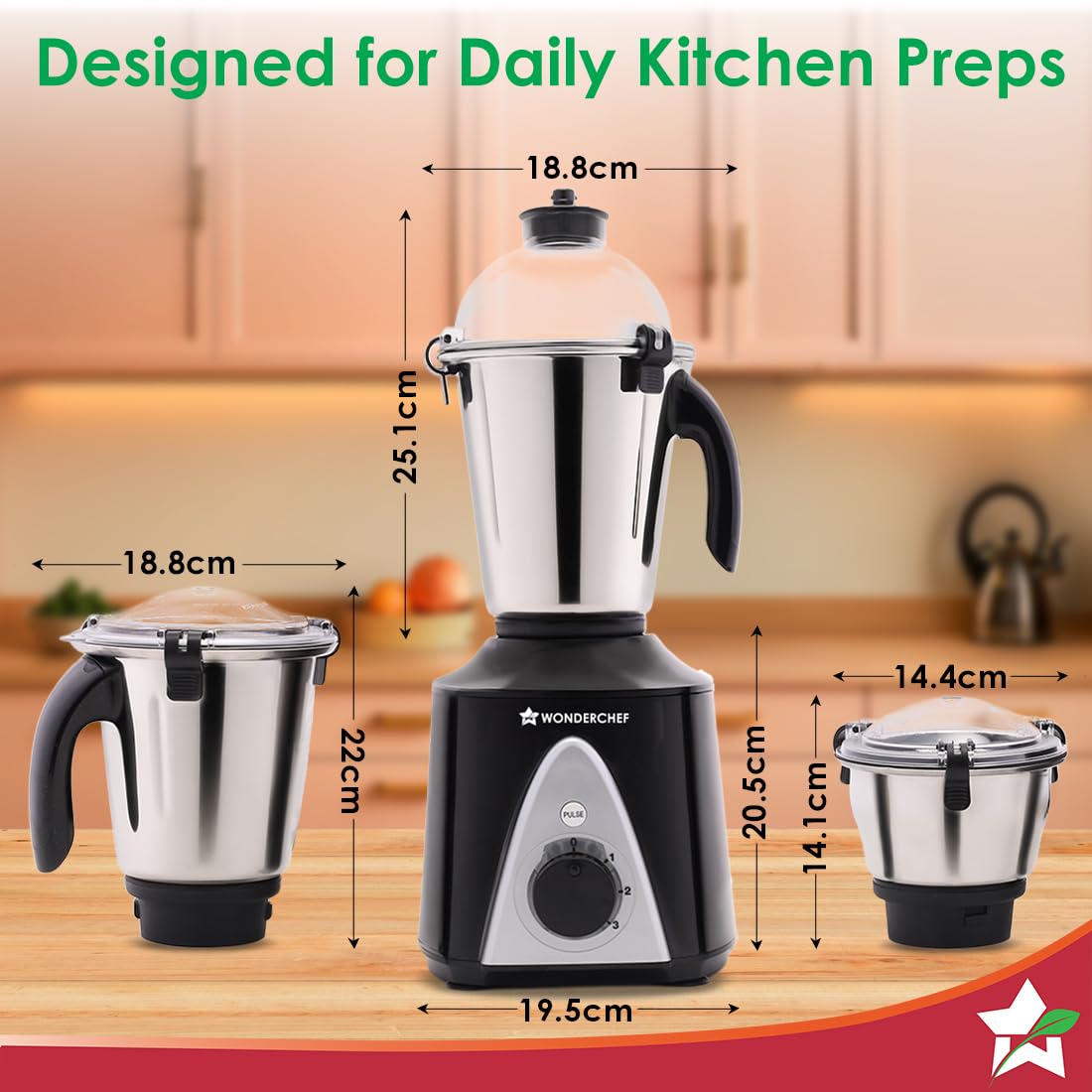 Wonderchef Hush BLDC Mixer Grinder 3 Jars for Blending