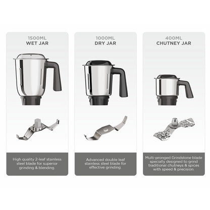 Milton Artis Mixer Grinder,Grindstone Blade Technology, 3 Jar, 800 W